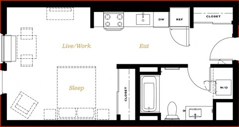 Floor plan for studio, 1 bath, 480 sqft